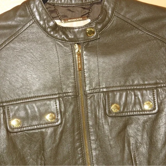 Michael Kors Green Leather Moto Jacket Fitted Cropped Design